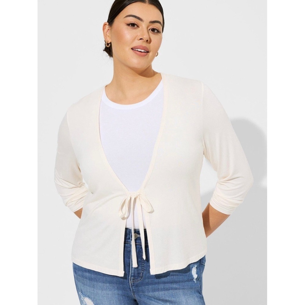 Torrid Women Super Soft Tie-Front‎ Cardigan Ivory Ribbed Knit Sweater 2X